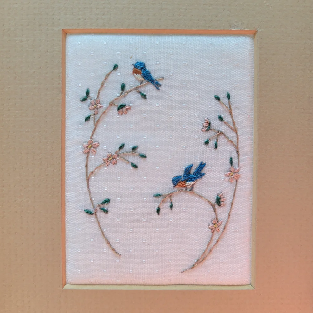Hand Embroidered Vintage Blue Bird Wall Art - Set of 2 - Picture 4 of 11